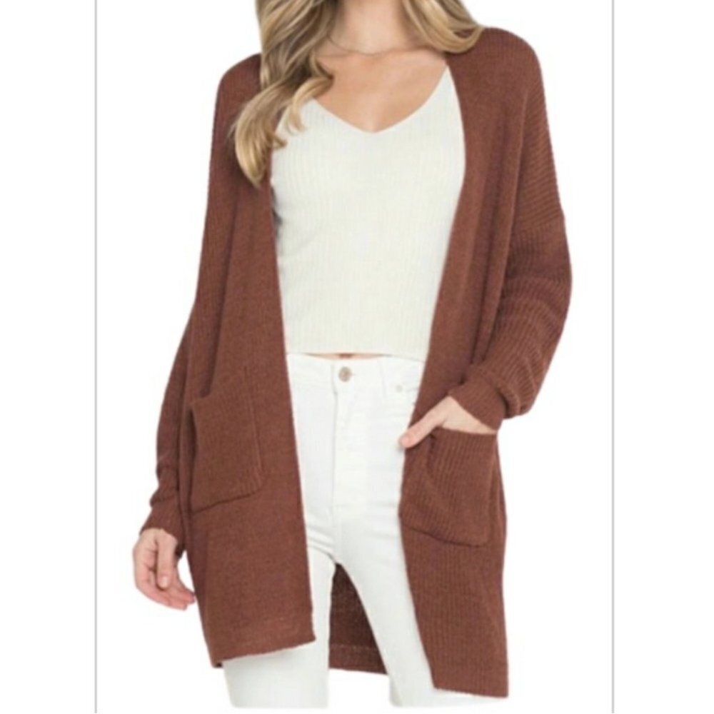 Dreamers by Debut Ribbed Knit Open Cardigan Pockets Brick / Rust Red / Orange XS